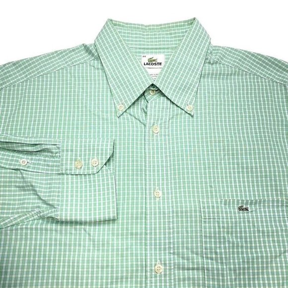 Lacoste Button Shirt 44 Green‎ White Plaid Alligator Mens - Picture 2 of 4
